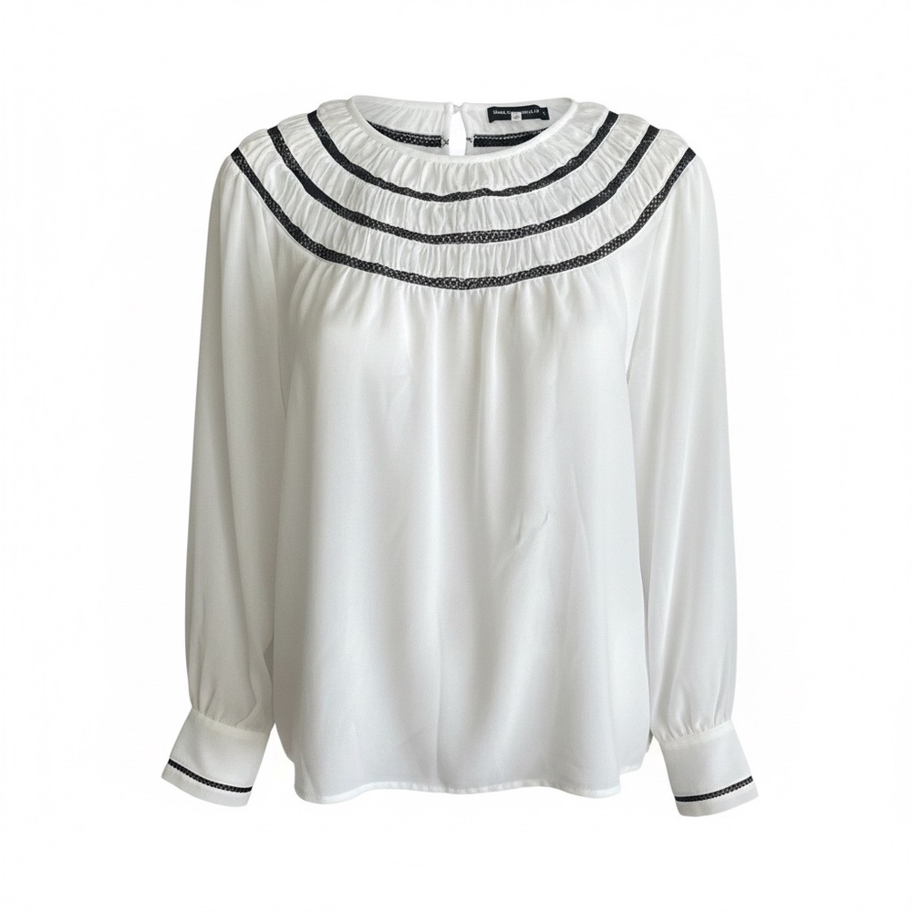 KARL LAGERFELD Paris Sheer Blouse Womens Medium White Black Pearl Embroidery